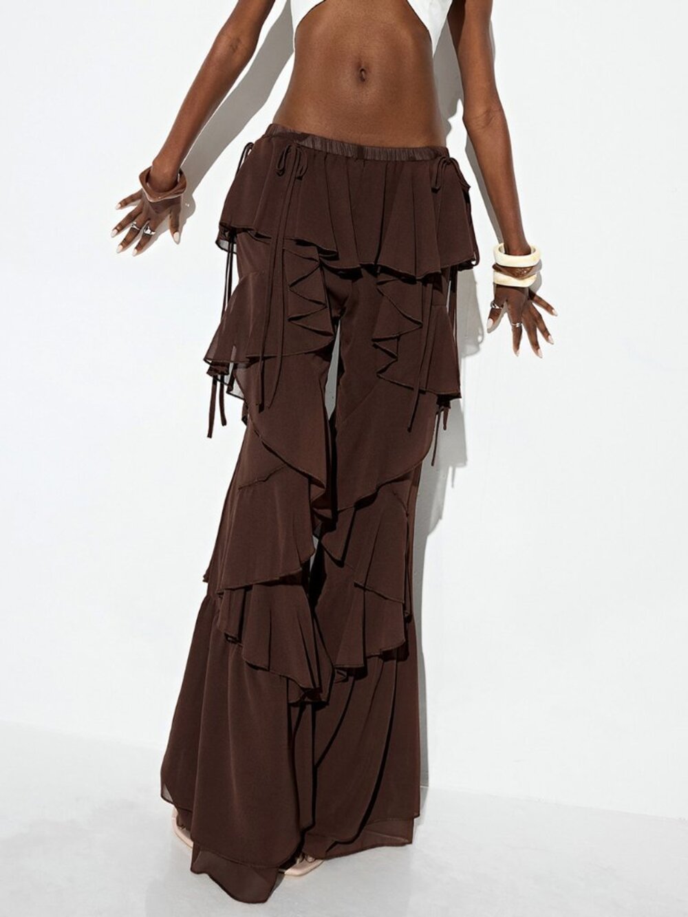 Coffee Brown Casual Women's Chiffon Low-Waisted Pants - Picture 7 of 8